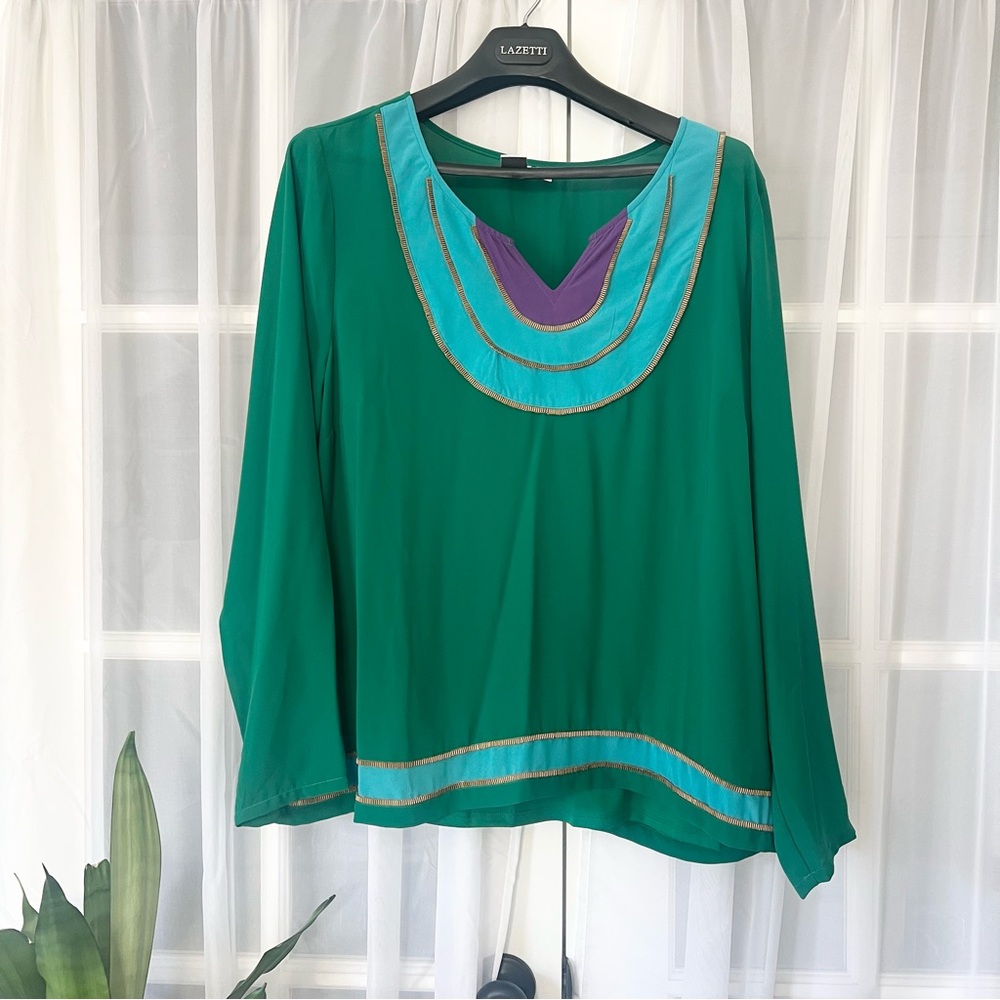 Marc Bower Long Sleeve V-Neck Beaded Colorblock Blouse Top Sz XL